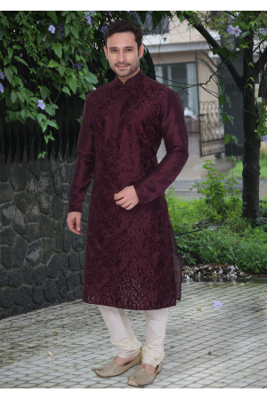 Puce Red Color Dupion And Art Silk Fabric Kurta Set